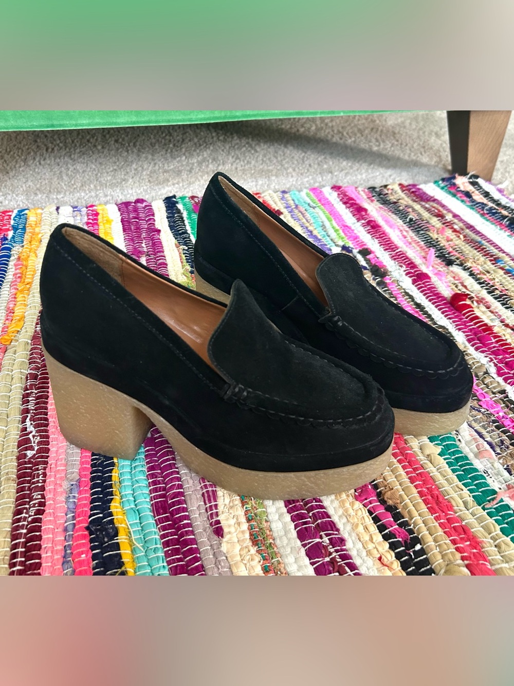 size 7 NEW $170 Marc Fisher Womens Black Suede Gum Crepe Sole Platform Loafers